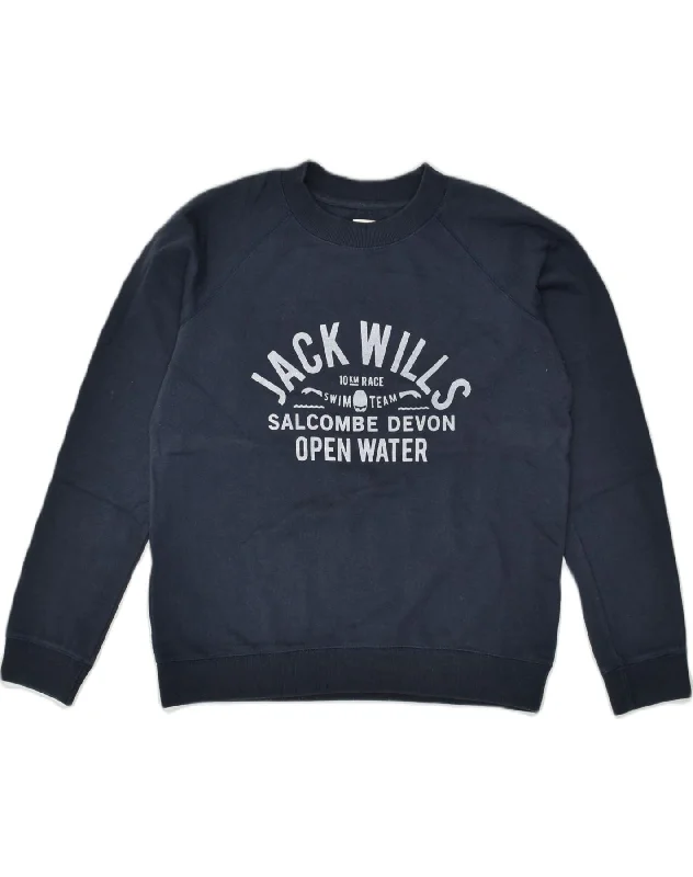 JACK WILLS Womens Graphic Sweatshirt Jumper UK 12 Medium Navy Blue Cotton Hoodie with Mock Neck Collared Structured