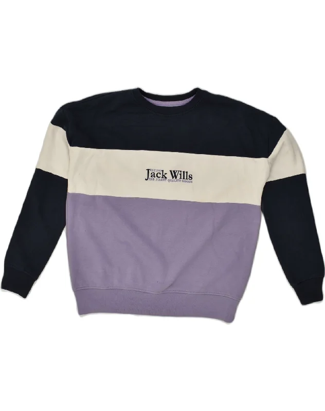 JACK WILLS Womens Graphic Sweatshirt Jumper UK 12 Medium  Purple Hoodie with Hem Patch Decorative Personalized