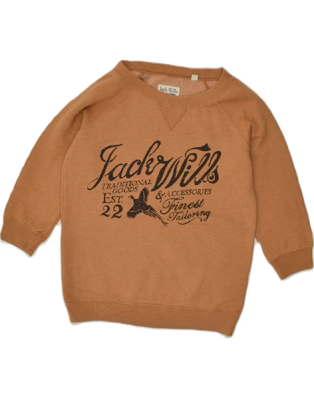 JACK WILLS Womens Graphic Sweatshirt Jumper UK 8 Small  Brown Cotton Hoodie with Hem Raw Edge Edgy Unfinished