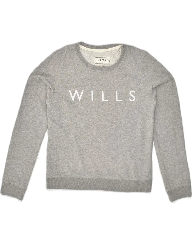 JACK WILLS Womens Graphic Sweatshirt Jumper UK 8 Small  Grey Cotton Hoodie with Hem Frayed Vintage Worn