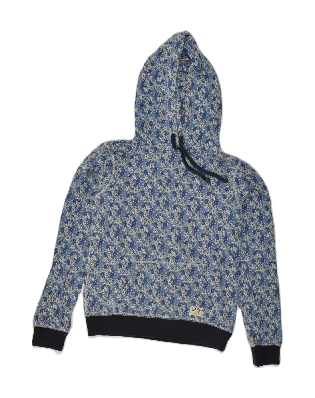 JACK WILLS Womens Hoodie Jumper UK 10 Small Blue Floral Cotton Hoodie with Distressed Vintage Worn