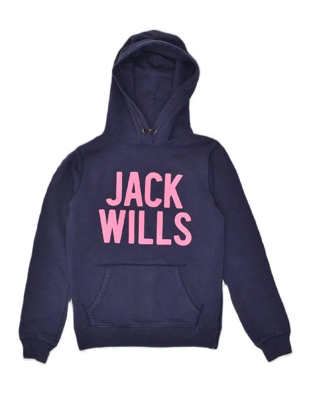 JACK WILLS Womens Hoodie Jumper UK 8 Small Navy Blue Cotton Graphic Hoodie Design Print