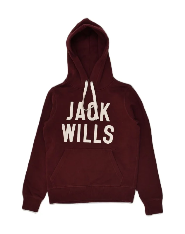 JACK WILLS Womens Loose Fit Graphic Hoodie Jumper UK 4 XS Burgundy Cotton Hoodie with Cuffed Sleeves Snug Secure