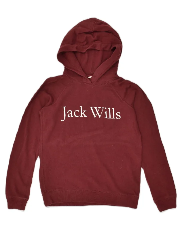 JACK WILLS Womens Loose Fit Graphic Hoodie Jumper UK 6 XS  Burgundy Cotton Hoodie with Snap Buttons Easy Quick