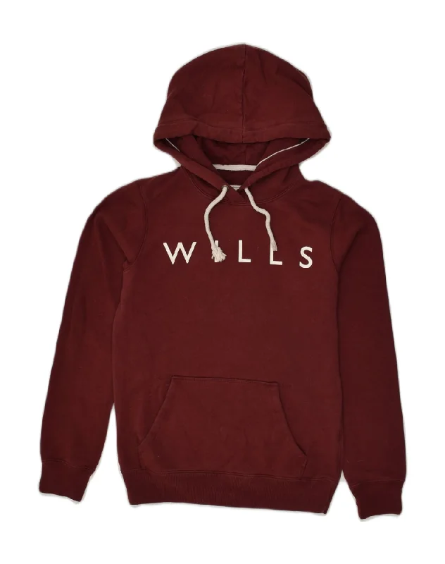 JACK WILLS Womens Loose Fit Graphic Hoodie Jumper UK 6 XS Maroon Cotton Hoodie with Hem Embroidery Detailed Premium