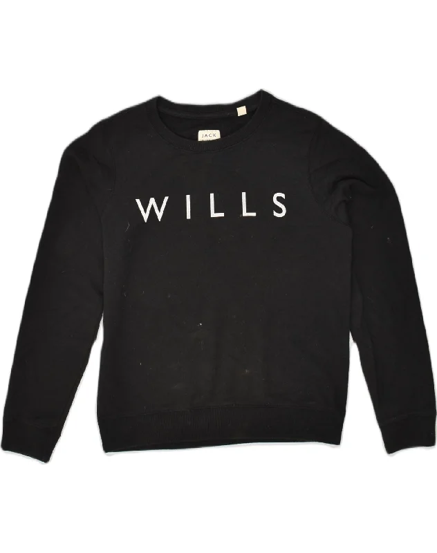 JACK WILLS Womens Loose Fit Graphic Sweatshirt Jumper UK 10 Small Black Hoodie with Camouflage Military Edgy