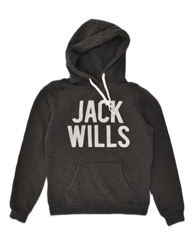 JACK WILLS Womens Oversized Graphic Hoodie Jumper UK 10 Small  Grey Cotton Hoodie with Tied Waist Feminine Flattering