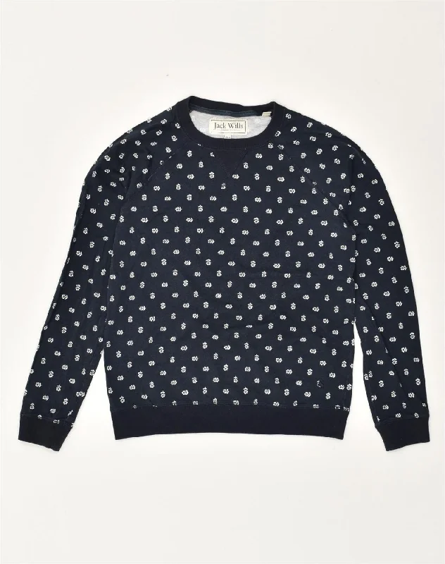 JACK WILLS Womens Sweatshirt Jumper UK 10 Small Navy Blue Floral Cotton Hoodie with Elastic Cuffs Stretchable Comfortable