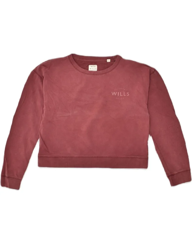 JACK WILLS Womens Sweatshirt Jumper UK 12 Medium Maroon Cotton Hoodie with High Neck Warm Protective