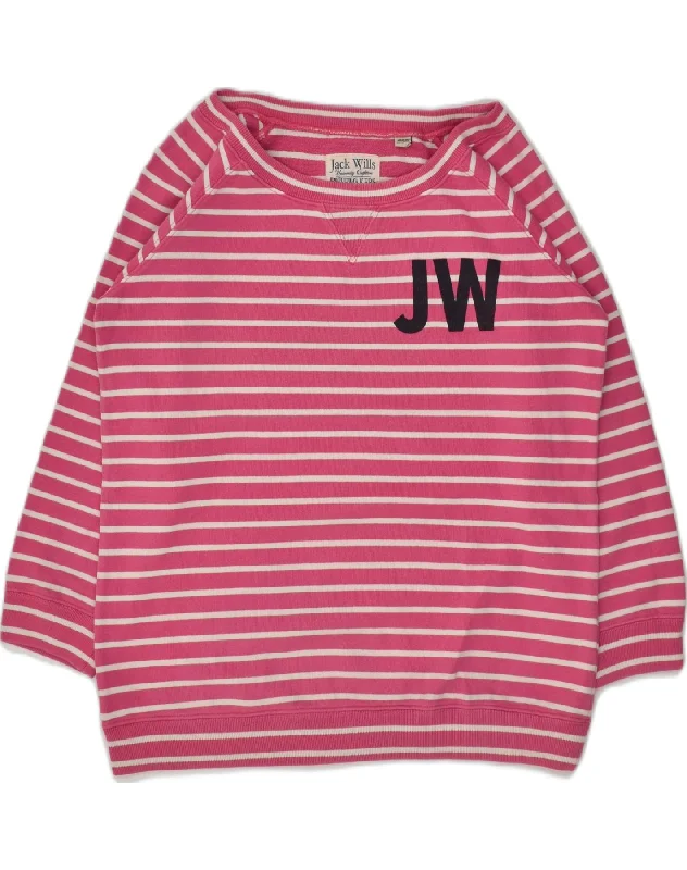 JACK WILLS Womens Sweatshirt Jumper UK 12 Medium Pink Striped Cotton Hoodie with Hidden Zipper Minimalist Clean