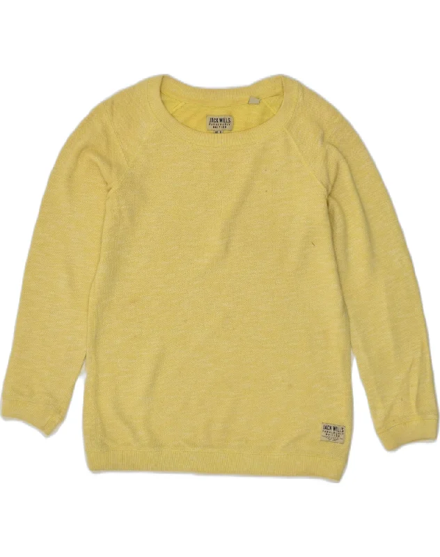 JACK WILLS Womens Sweatshirt Jumper UK 8 Small Yellow Cotton Hoodie with Hem Patch Decorative Personalized