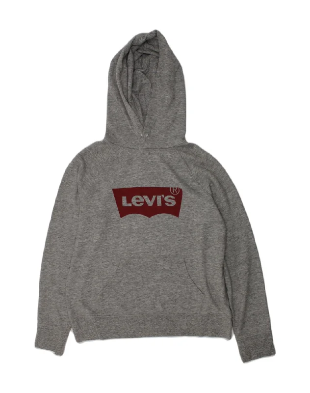 LEVI'S Womens Graphic Hoodie Jumper UK 10 Small Grey Cotton Hoodie with Button Placket Classic Preppy