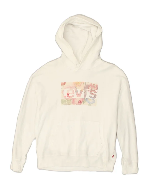 LEVI'S Womens Graphic Hoodie Jumper UK 12 Medium White Cotton Hoodie with Embroidery Detailed Premium