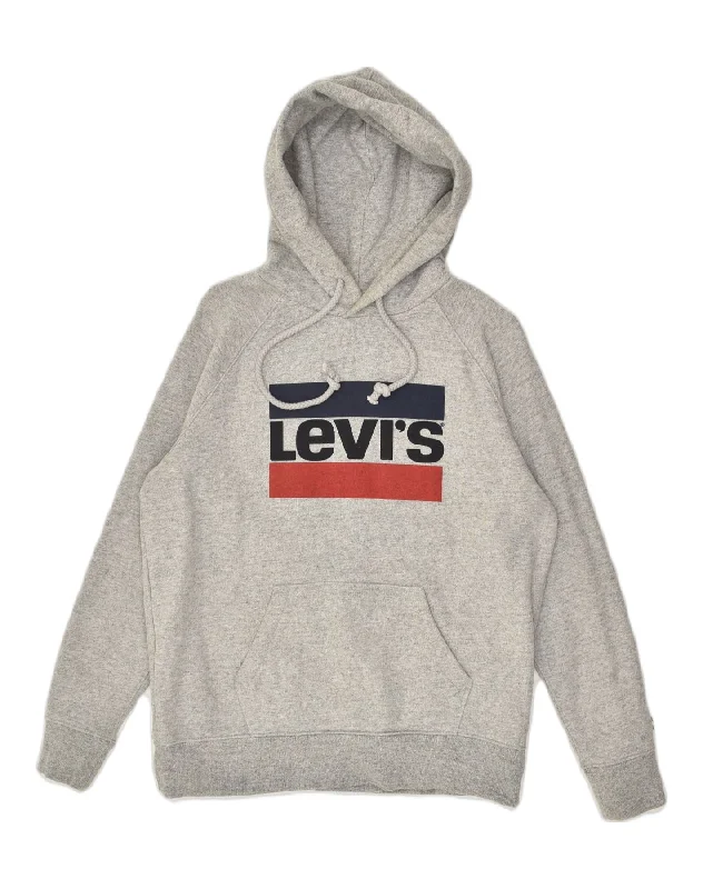 LEVI'S Womens Graphic Hoodie Jumper UK 14 Medium Grey Cotton Hoodie with Thumb Holes Functional Cozy