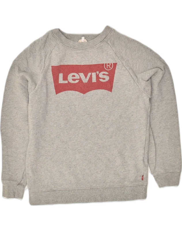 LEVI'S Womens Oversized Graphic Sweatshirt Jumper UK 2 2XS Grey Cotton Hoodie with Rhinestones Sparkly Elegant