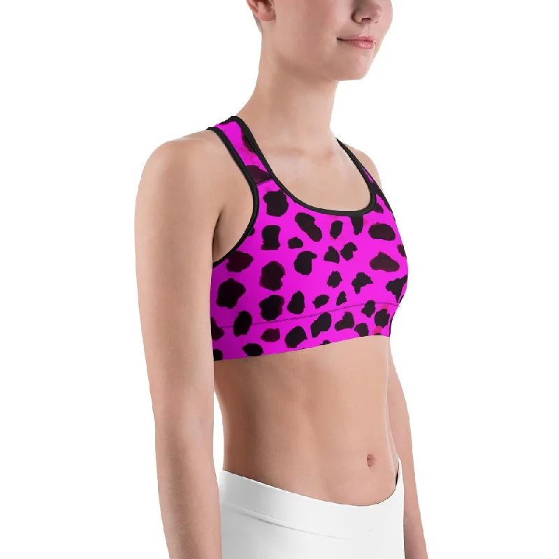 Pink Cow Women's Sports Bra, Animal Print Yoga Sports Workout Bra - Made in USA/EU Chic Satin Bra