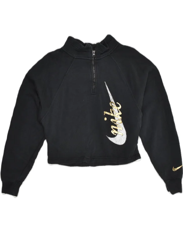 NIKE Womens Crop Graphic Sweatshirt Jumper UK 6 XS Black Cotton Hoodie with Print Artistic Unique