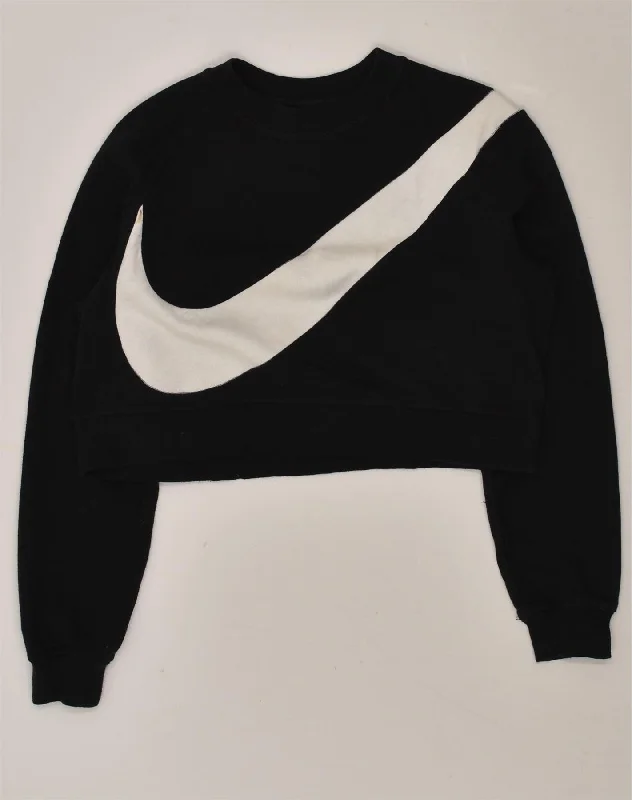 NIKE Womens Crop Sweatshirt Jumper UK 6 XS Black Cotton Hoodie with Typography Text Message