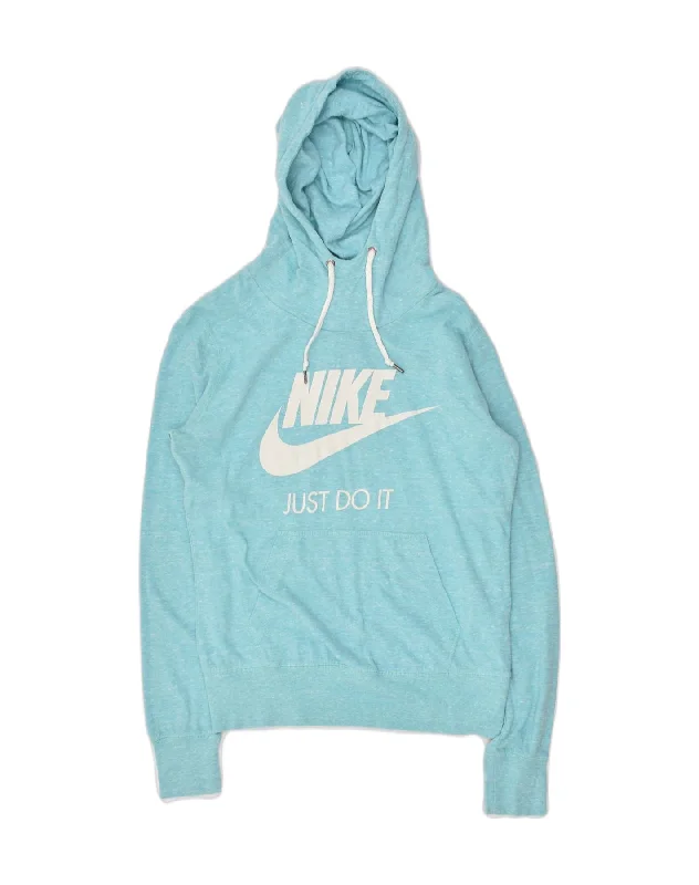 NIKE Womens Graphic Hoodie Jumper UK 14 Medium Blue Flecked Cotton Hoodie with Oversized Fit Loose Comfortable