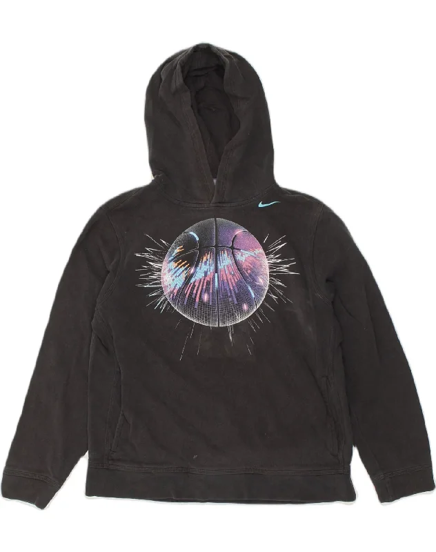 NIKE Womens Graphic Hoodie Jumper UK 18 XL Black Cotton Hoodie with Metallic Shiny Futuristic