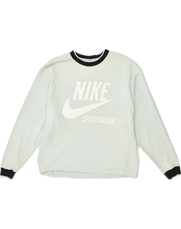 NIKE Womens Graphic Sweatshirt Jumper UK 10 Small Blue Cotton Hoodie with Hem Elastic Stretchable Comfortable