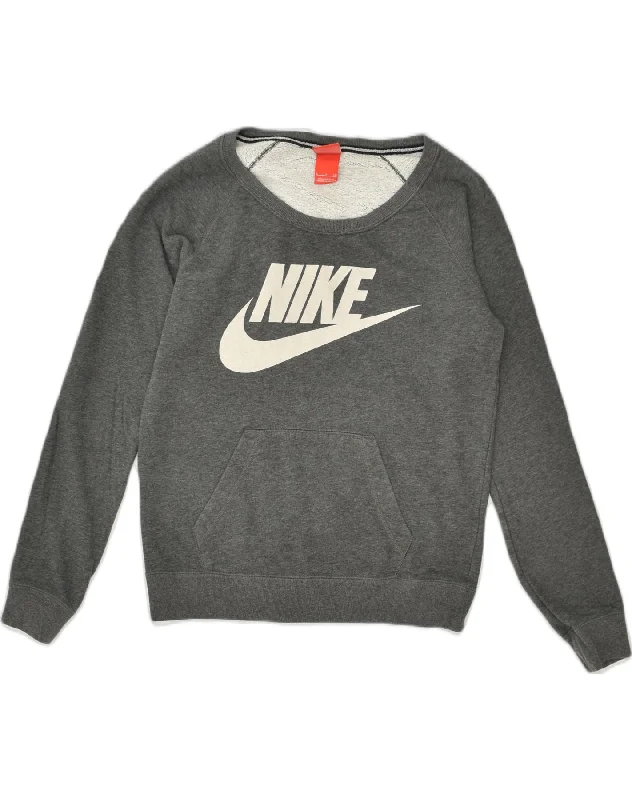 NIKE Womens Graphic Sweatshirt Jumper UK 10 Small Grey Cotton Hoodie with Back Slit Movement Comfort