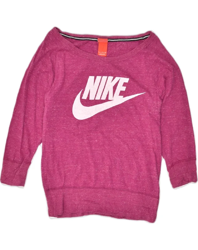 NIKE Womens Graphic Sweatshirt Jumper UK 10 Small Pink Flecked Cotton Hoodie with Metallic Shiny Futuristic