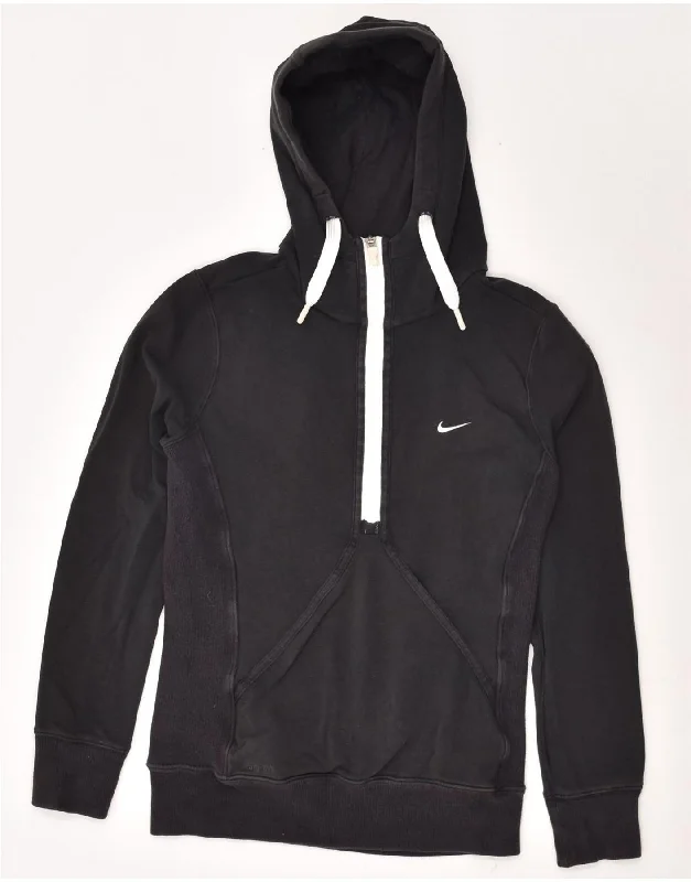 NIKE Womens Zip Neck Hoodie Jumper UK 12/14 Medium Black Cotton Hoodie with Pocket Utility Practical