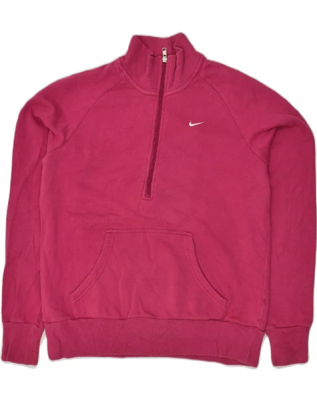 NIKE Womens Zip Neck Sweatshirt Jumper UK 18 XL Pink Cotton Zip Hoodie Drawstring Kangaroo Pocket