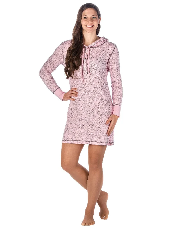 Women's Waffle Knit Thermal Sleep Hoodie - Floral - Pink Hoodie with High-Low Hem Asymmetrical Trendy