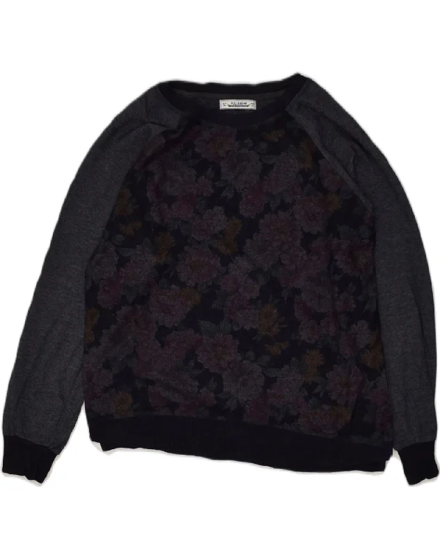 PULL & BEAR Womens Graphic Sweatshirt Jumper UK 14 Medium Navy Blue Floral Hoodie with Drop Shoulder Relaxed Streetwear