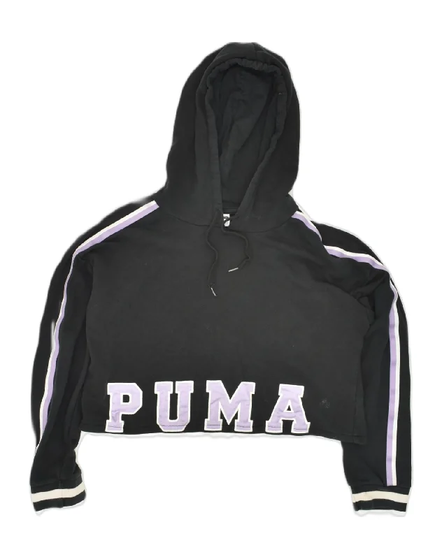 PUMA Womens Crop Graphic Hoodie Jumper UK 10 Small Black Cotton Hoodie Crop Top Short Trendy