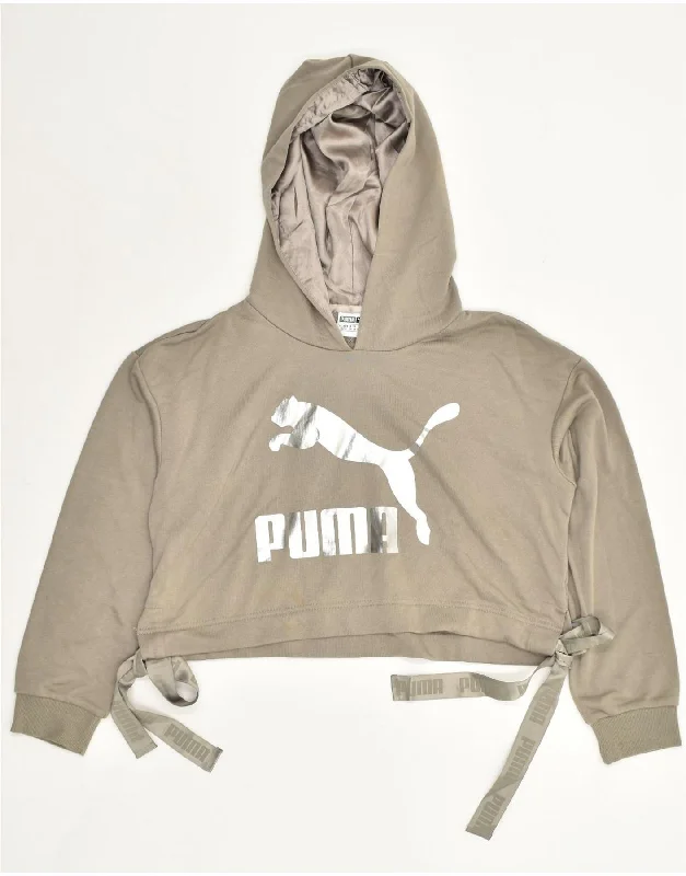 PUMA Womens Graphic Crop Hoodie Jumper UK 8 Small  Beige Cotton Hoodie with Longline Fit Extended Stylish