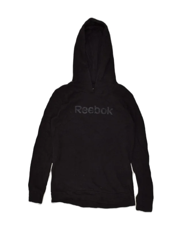 REEBOK Womens Graphic Hoodie Jumper UK 18 XL Black Cotton Hoodie with Set-In Sleeves Structured Classic