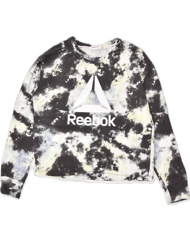 REEBOK Womens Graphic Sweatshirt Jumper UK 18 XL Black Tie Dye Hoodie with Strings Custom Fit Adjustable