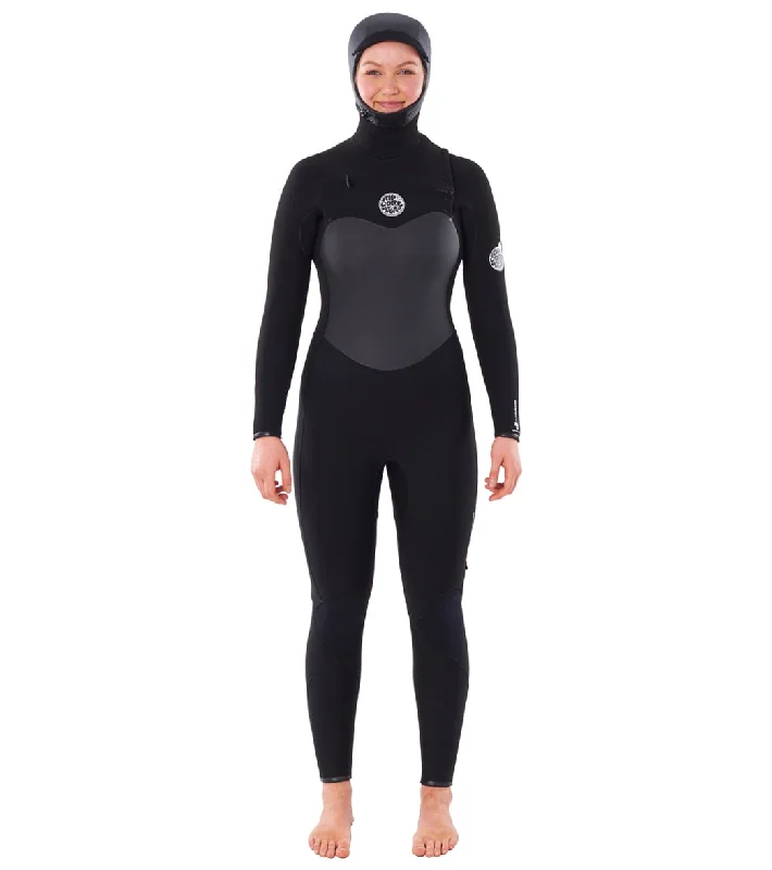 Rip Curl Women's 6/4 Flashbomb Long Sleeve Hooded Chest Zip Fullsuit Wetsuit Black Hoodie with Hidden Zipper Minimalist Clean