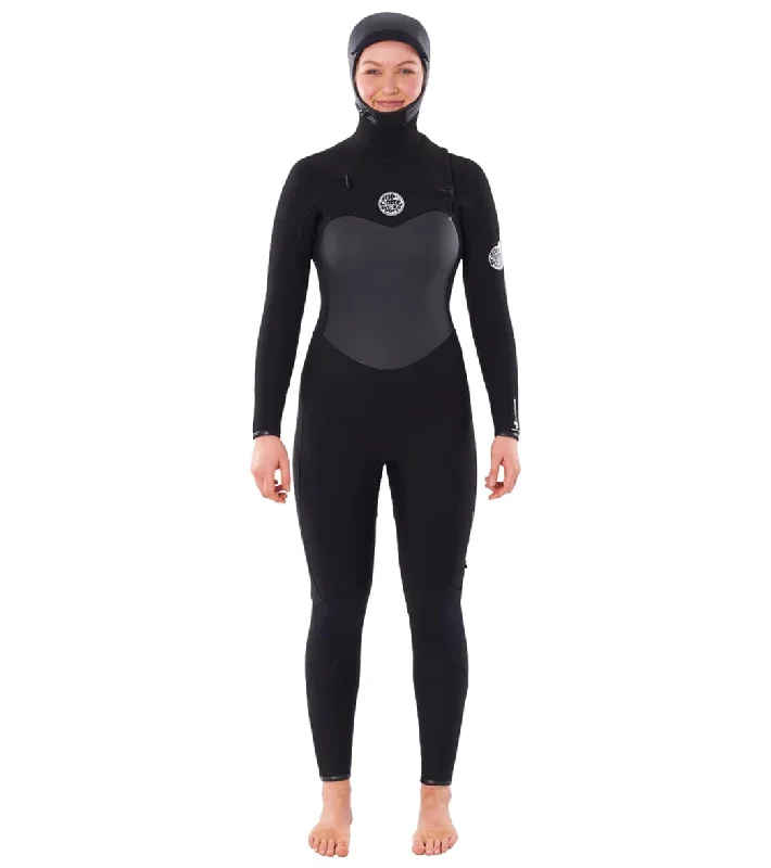 Rip Curl Women's 6/4 Flashbomb Long Sleeve Hooded Chest Zip Fullsuit Wetsuit Black Hoodie with Velcro Closure Adjustable Secure