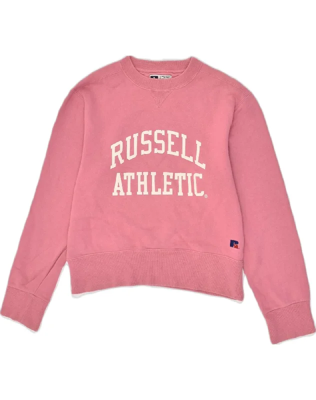 RUSSELL ATHLETIC Womens Crop Graphic Sweatshirt Jumper UK 18 XL Pink Hoodie with Ribbed Neckline Snug Warm