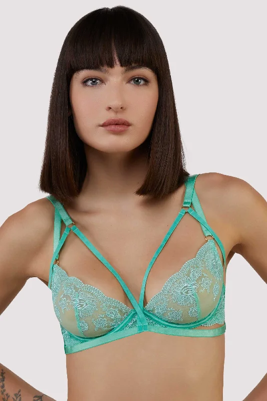 Sarina Embroidery Strap Plunge Bra In Green - Wolf & Whistle Cotton Comfort Bra