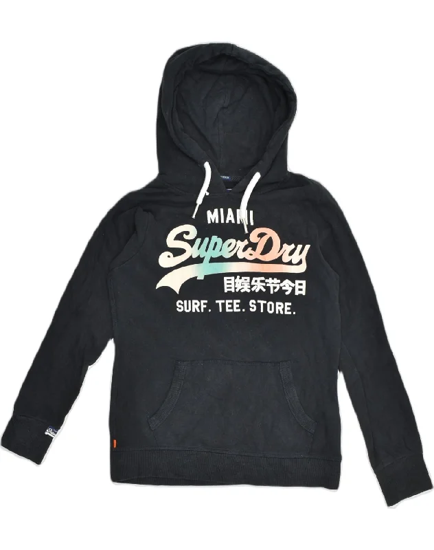 SUPERDRY Womens Graphic Hoodie Jumper UK 10 Small Black Cotton Hoodie with Stripes Bold Sporty