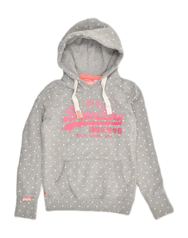 SUPERDRY Womens Graphic Hoodie Jumper UK 10 Small  Grey Polka Dot Cotton Hoodie Sweatshirt Pullover