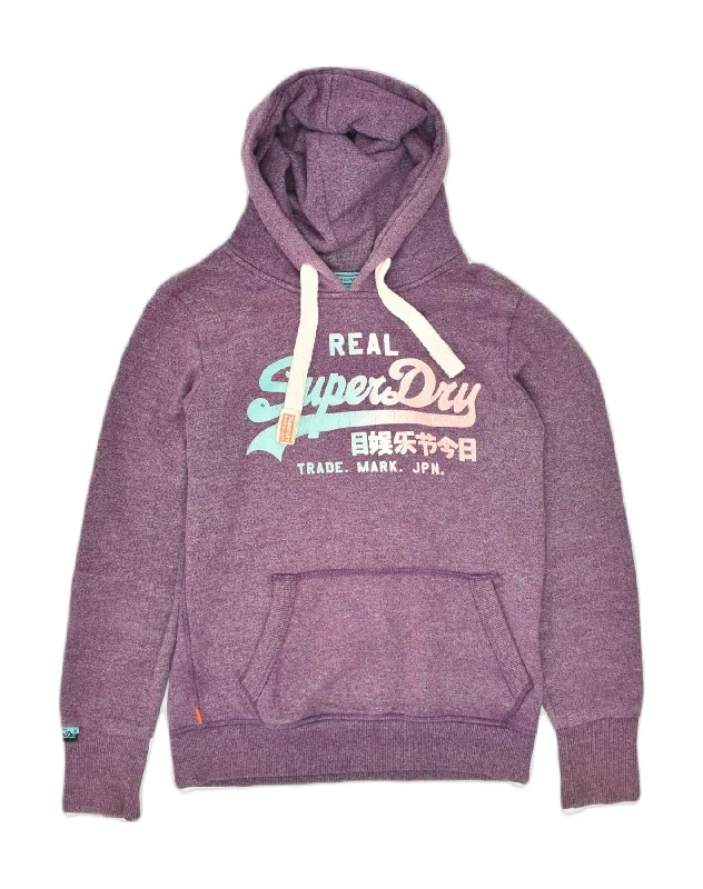 SUPERDRY Womens Graphic Hoodie Jumper UK 14 Medium Purple Cotton Hoodie with Front Slit Layering Stylish