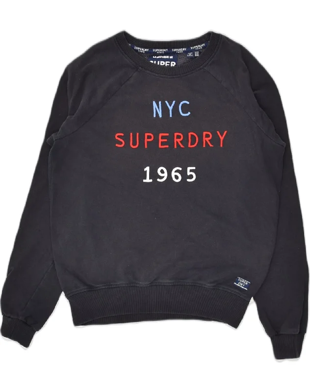 SUPERDRY Womens Graphic Sweatshirt Jumper UK 12 Medium Navy Blue Hoodie with Hem Frayed Vintage Worn