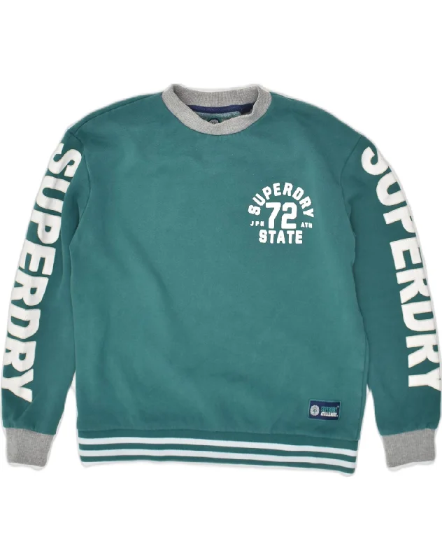 SUPERDRY Womens Graphic Sweatshirt Jumper UK 14 Medium Green Cotton Hoodie with Toggle Buttons Decorative Unique