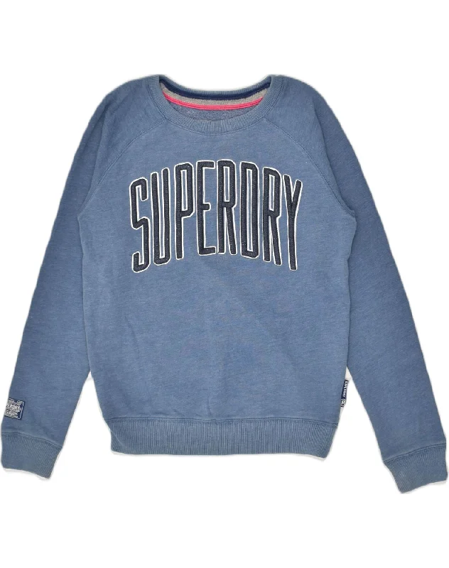 SUPERDRY Womens Graphic Sweatshirt Jumper UK 8 Small Navy Blue Cotton Hoodie with Camouflage Military Edgy