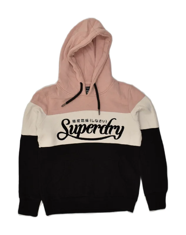 SUPERDRY Womens Heritage Graphic Hoodie Jumper UK 10 Small Black Hoodie with Stripes Bold Sporty