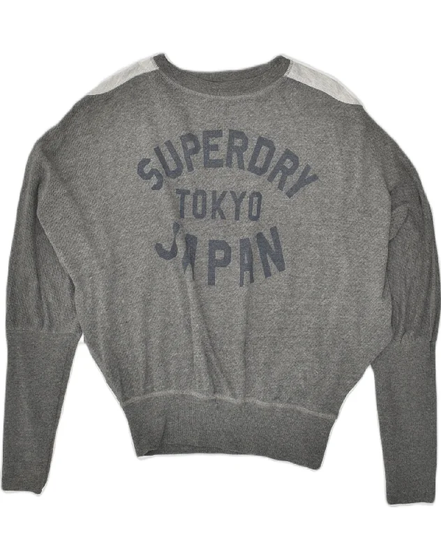 SUPERDRY Womens Oversized Graphic Hoodie Jumper UK 10 Small Grey Hoodie with Typography Text Message