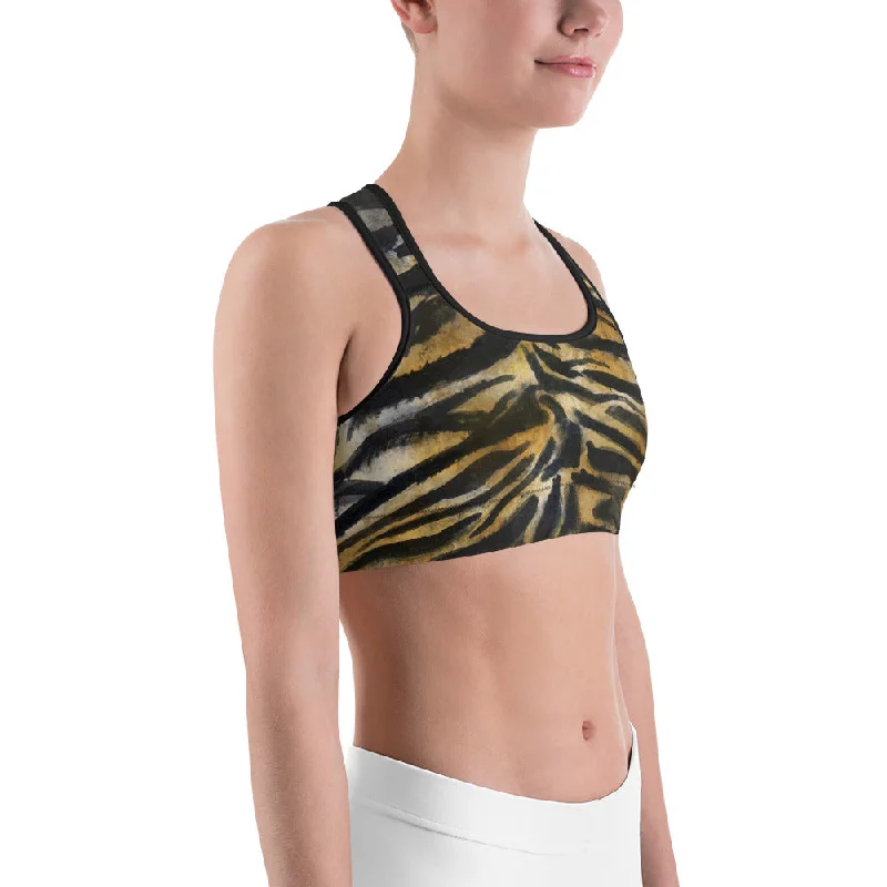 Tiger Stripe Sports Bra, Brown Animal Print Women's Yoga Bra-Made in USA/EU (US Size: XS-2XL) Simple Wireless Bra