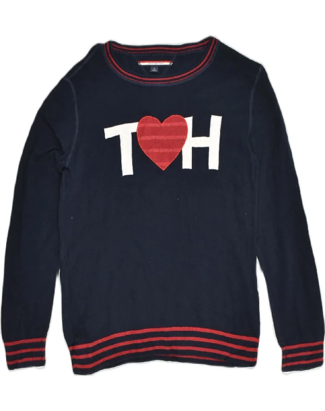 TOMMY HILFIGER Womens Graphic Sweatshirt Jumper UK 12 Medium Navy Blue Hoodie with Embroidery Detailed Premium