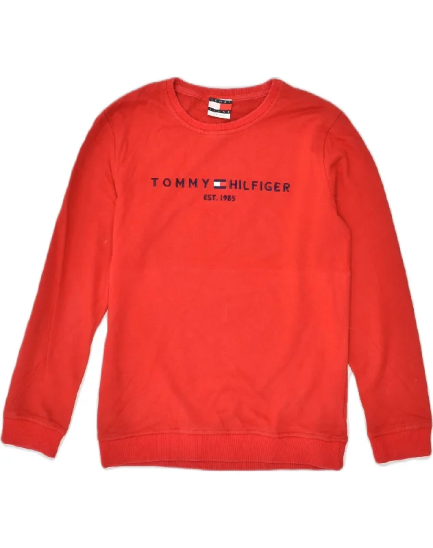 TOMMY HILFIGER Womens Loose Fit Graphic Sweatshirt Jumper UK 10 Small Red Hoodie with Hem Patch Decorative Personalized